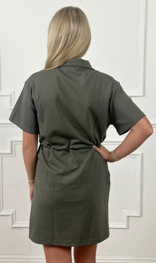 Olive Half Zip Drawstring Scuba Dress