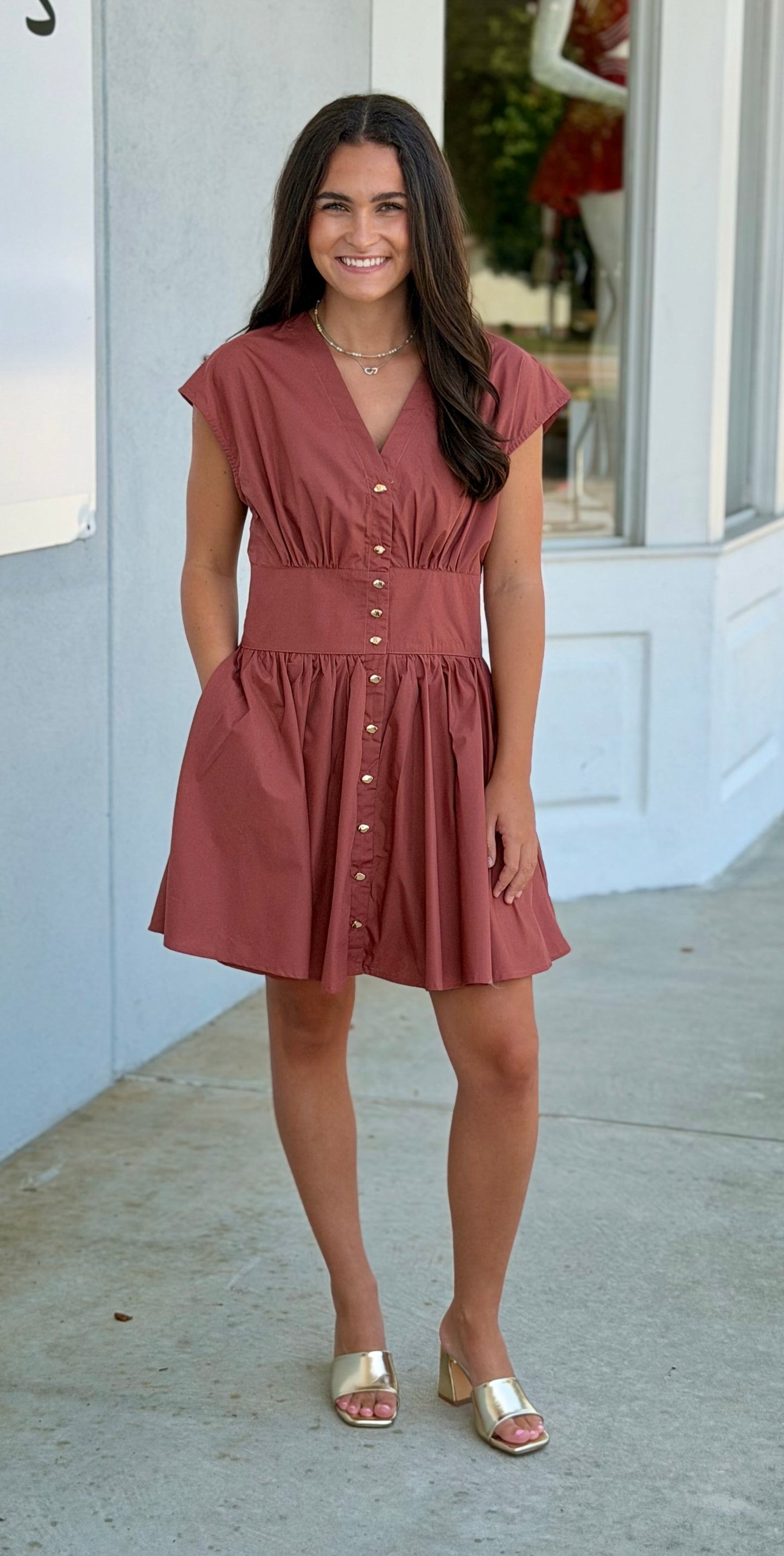Clay Dress With Gold Button Detail