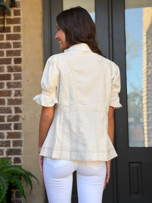 Oatmeal Linen Button Down With Puff Sleeves
