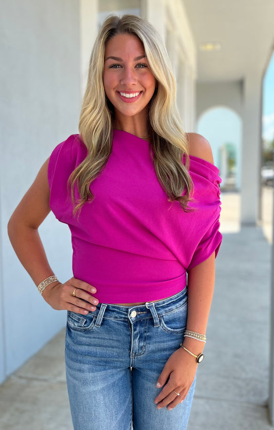 Magenta Side Ruched One Shoulder Top