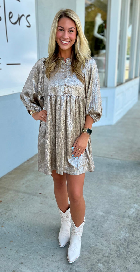 Gold Metallic Foil Mini Dress With Buttons