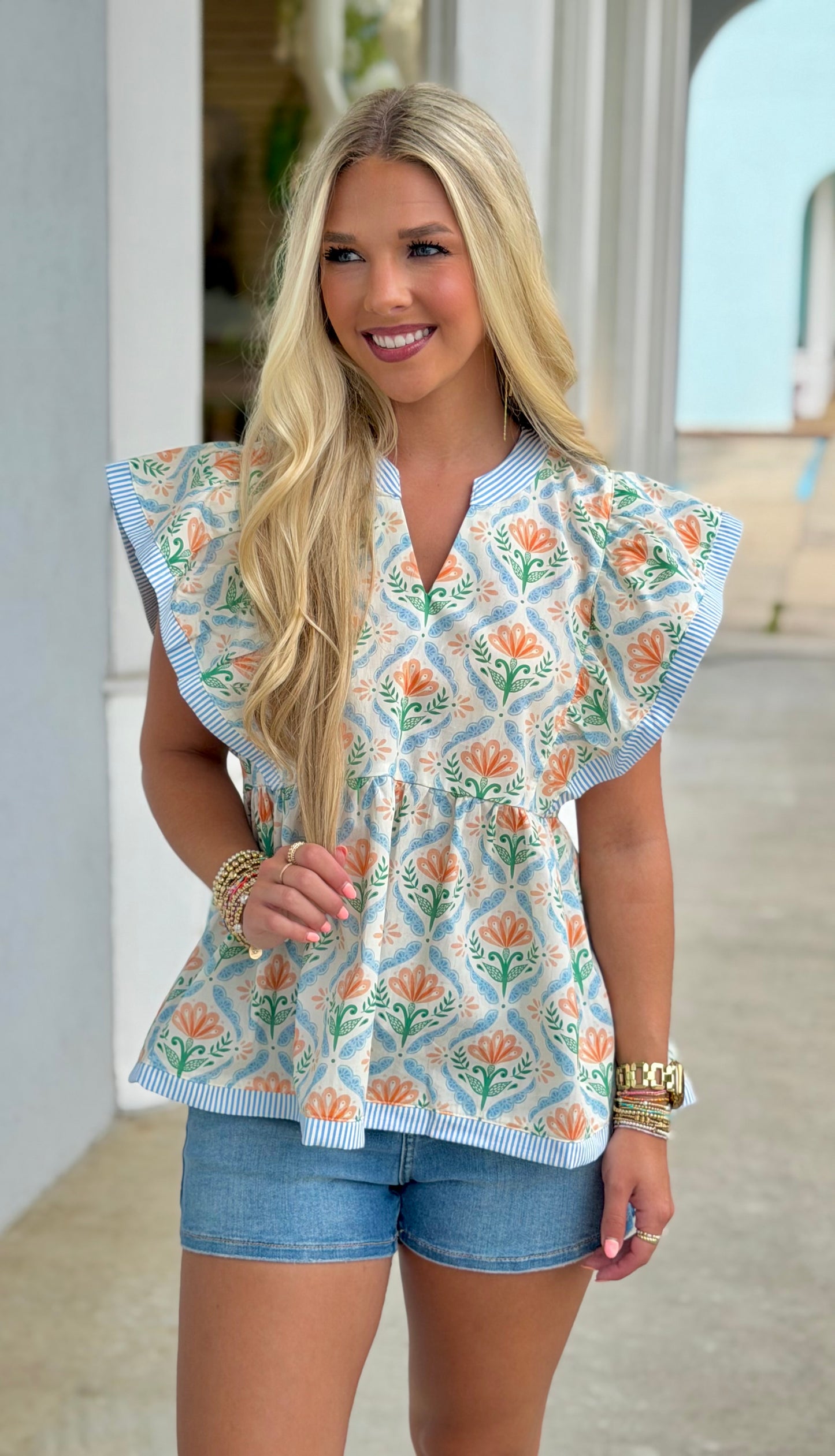 Lt Blue/Orange Ruffle Sleeve Top