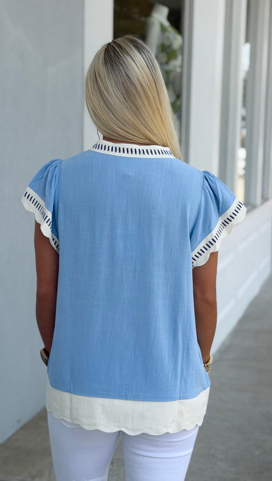 Linen Scallop Trim Top, Periwinkle