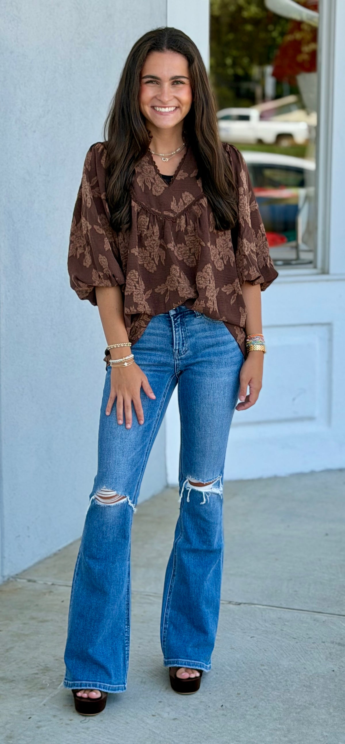 Floral Textured Scalloped V-Neck Babydoll Blouse, Cocoa