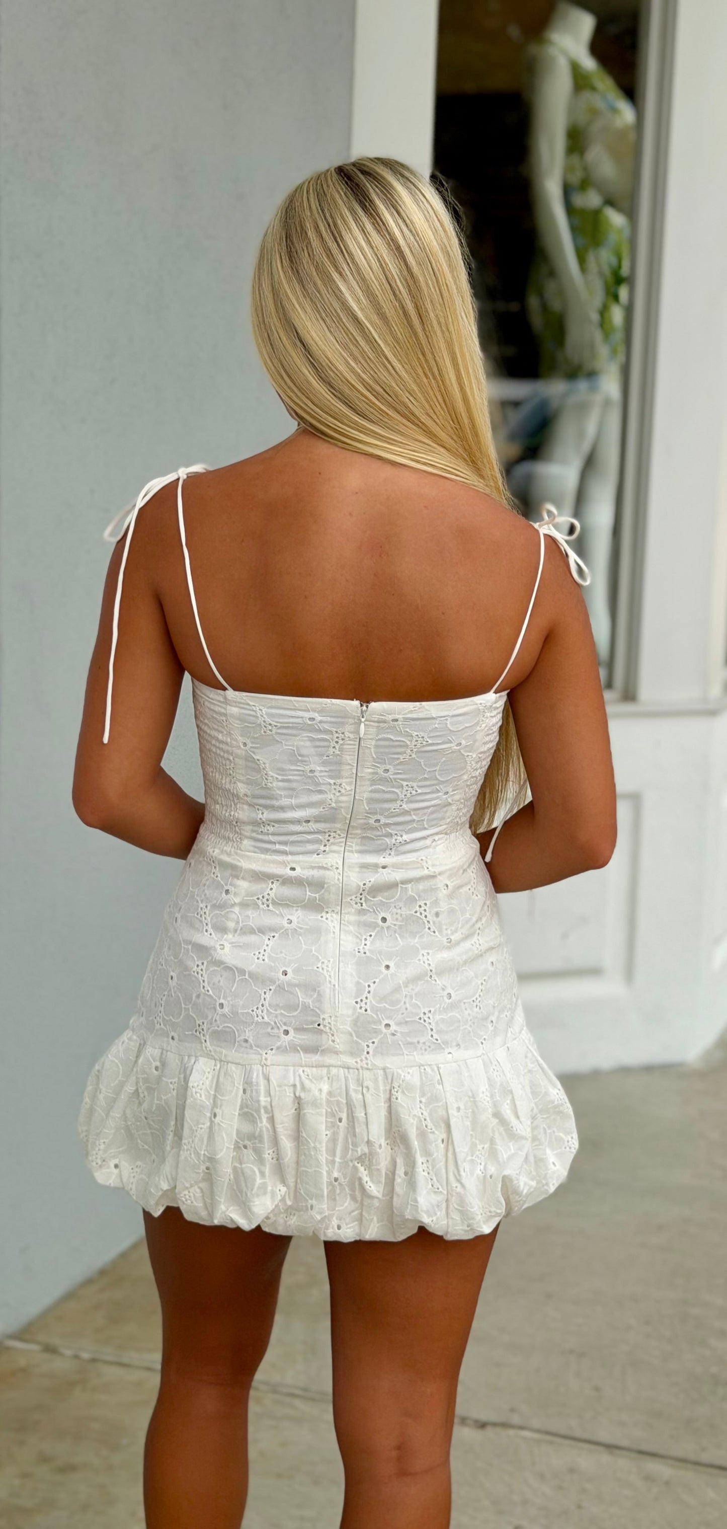 White Charis Tie Strap Mini Bubble Dress
