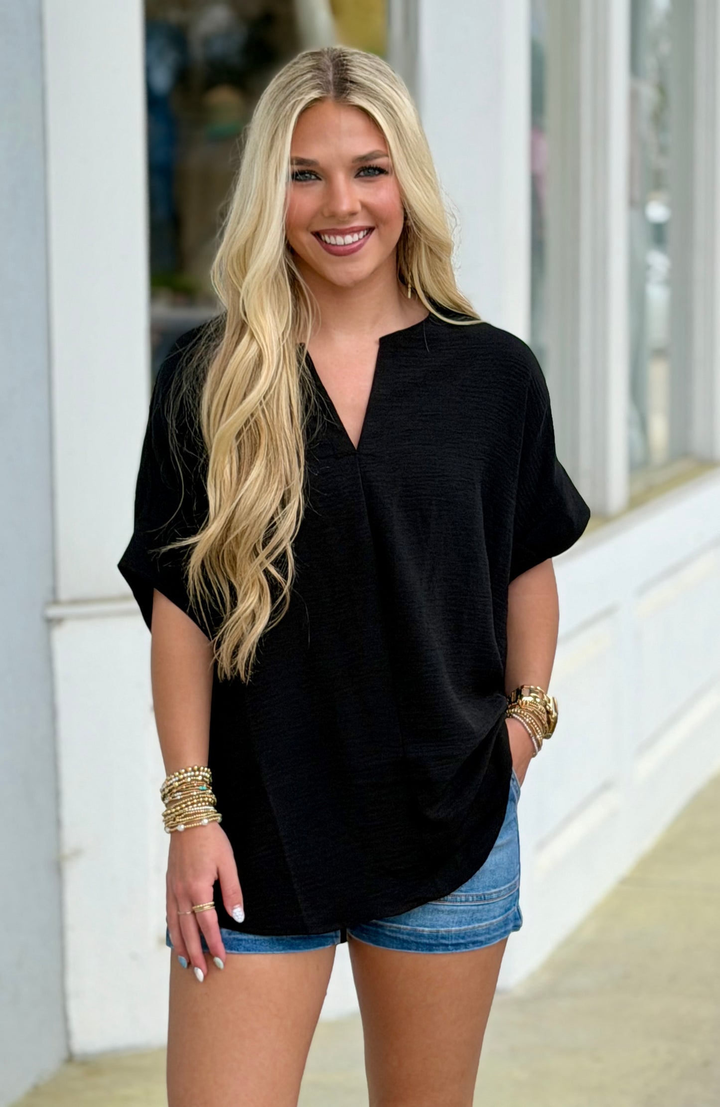 Woven Airflow Split Neck Top, Black