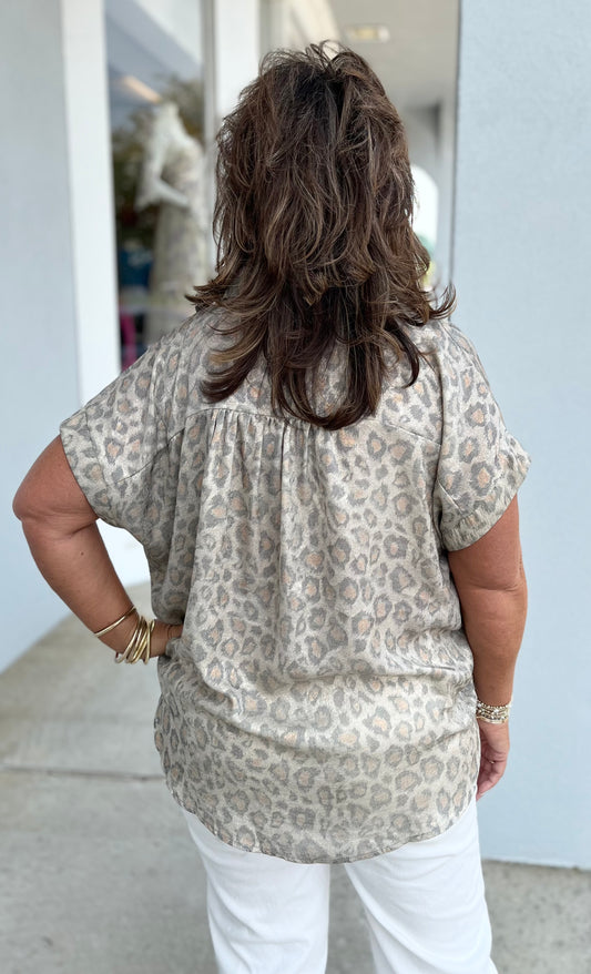 Leopard Print Collared Button Up Top
