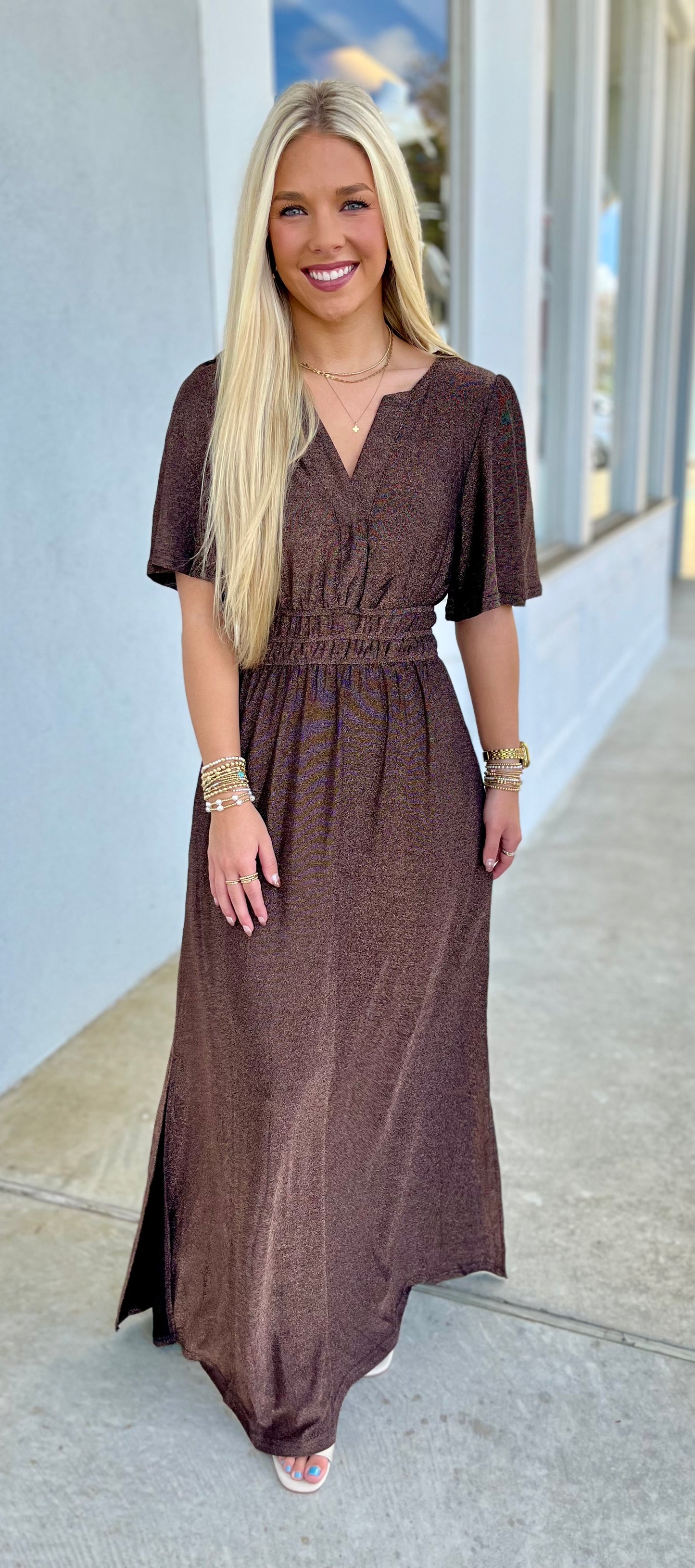 Bell Sleeve Metallic Maxi Dress, Bronze