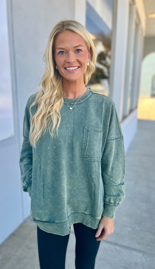 French Terry Acid Wash Front Pocket Pullover, Ash Jade