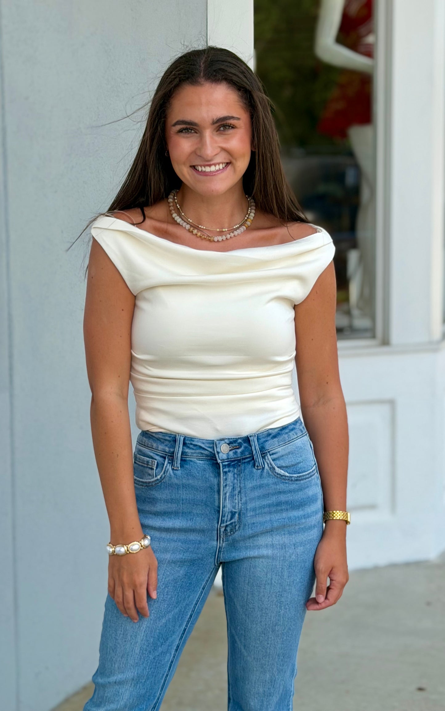 Off The Shoulder Ruched Detail Top, Ivory