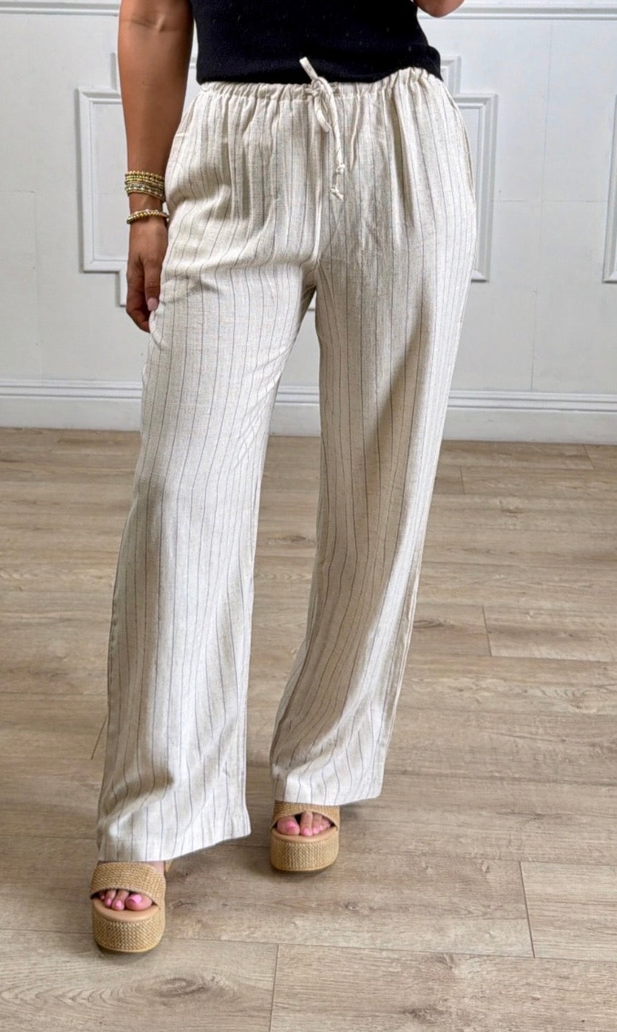 Natural Linen Stripe Straight Leg Pants