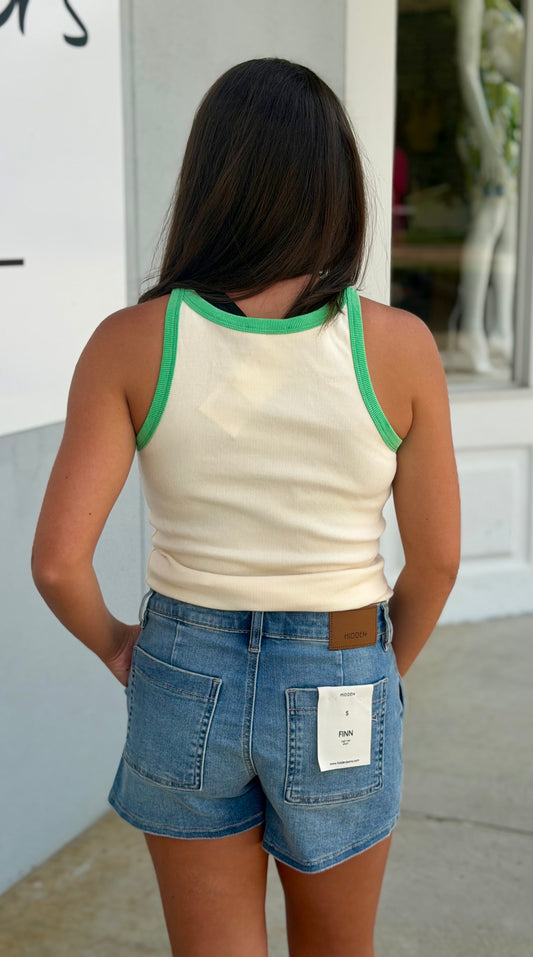 Cream/Green Ribbed Tank