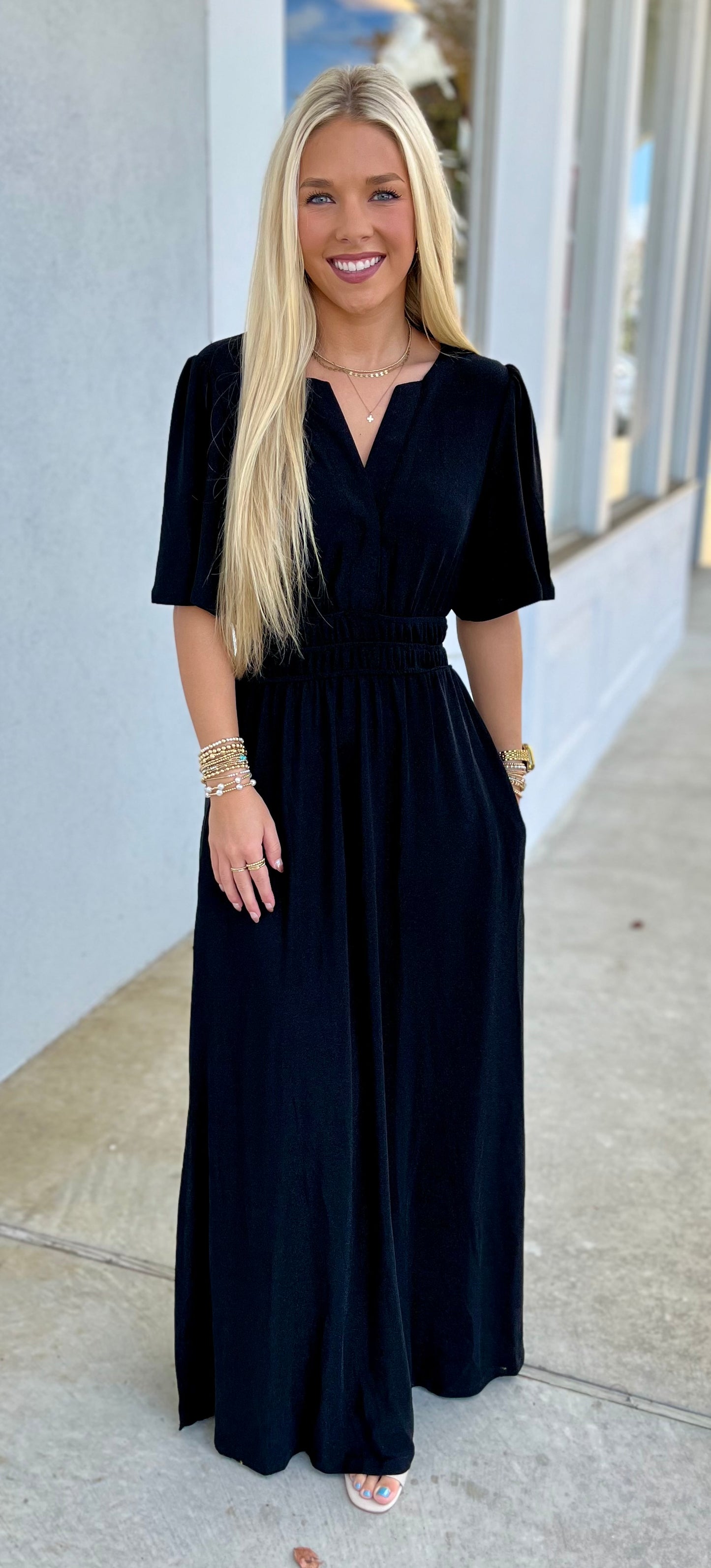 Bell Sleeve Metallic Maxi Dress, Black