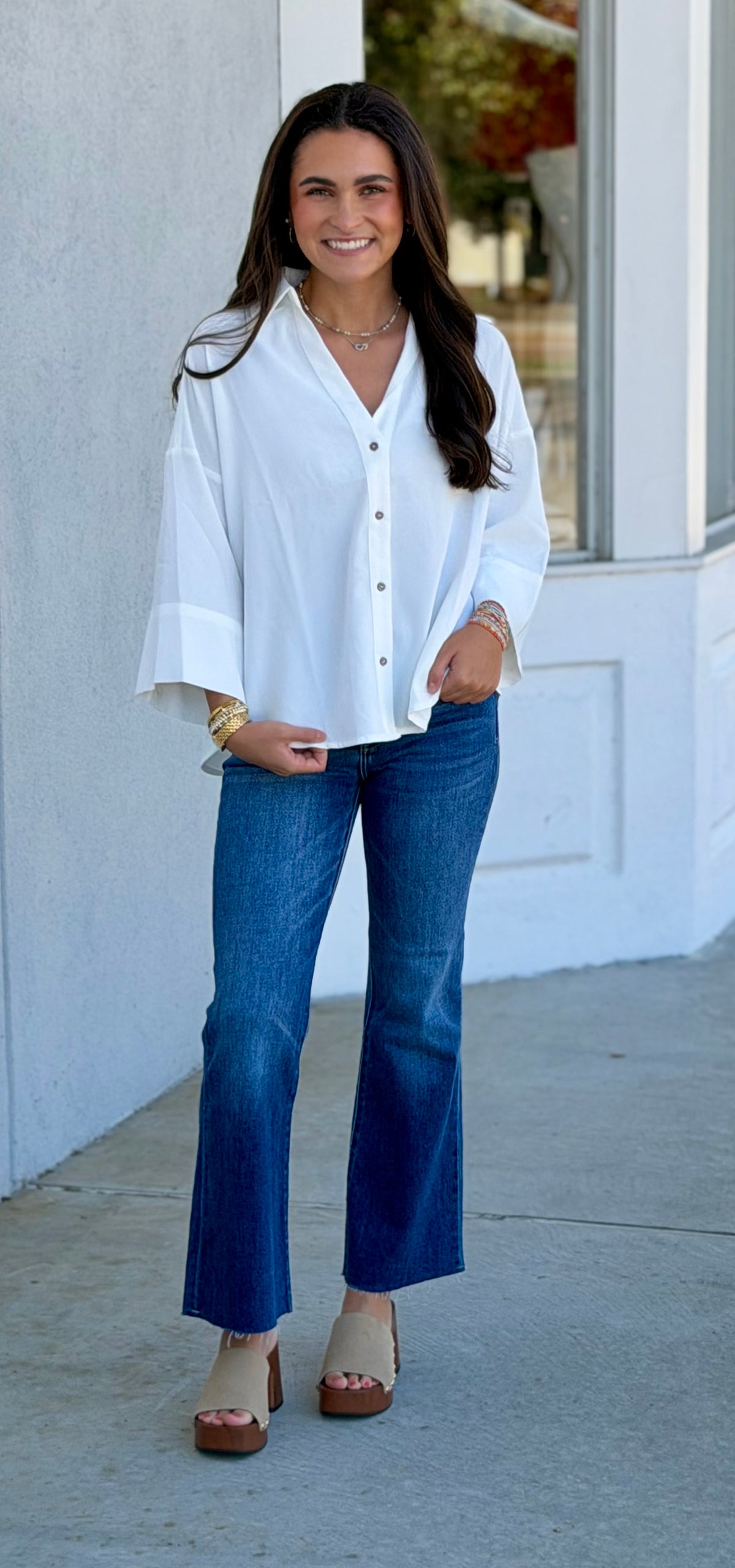 Off White Button Down Pleated Back Blouse