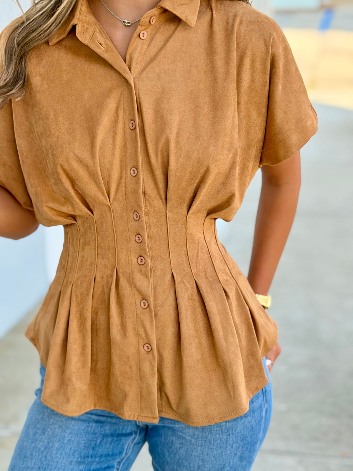 Suede Button Down Blouse, Camel