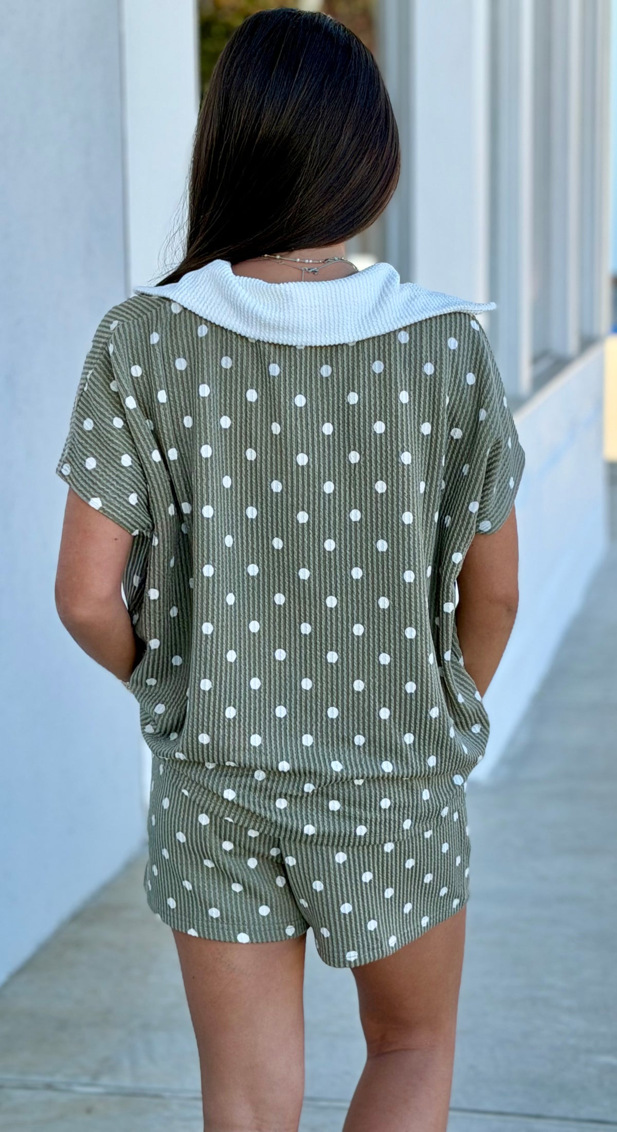 Polka Dot Collared Top & Shorts SET, Lt Olive