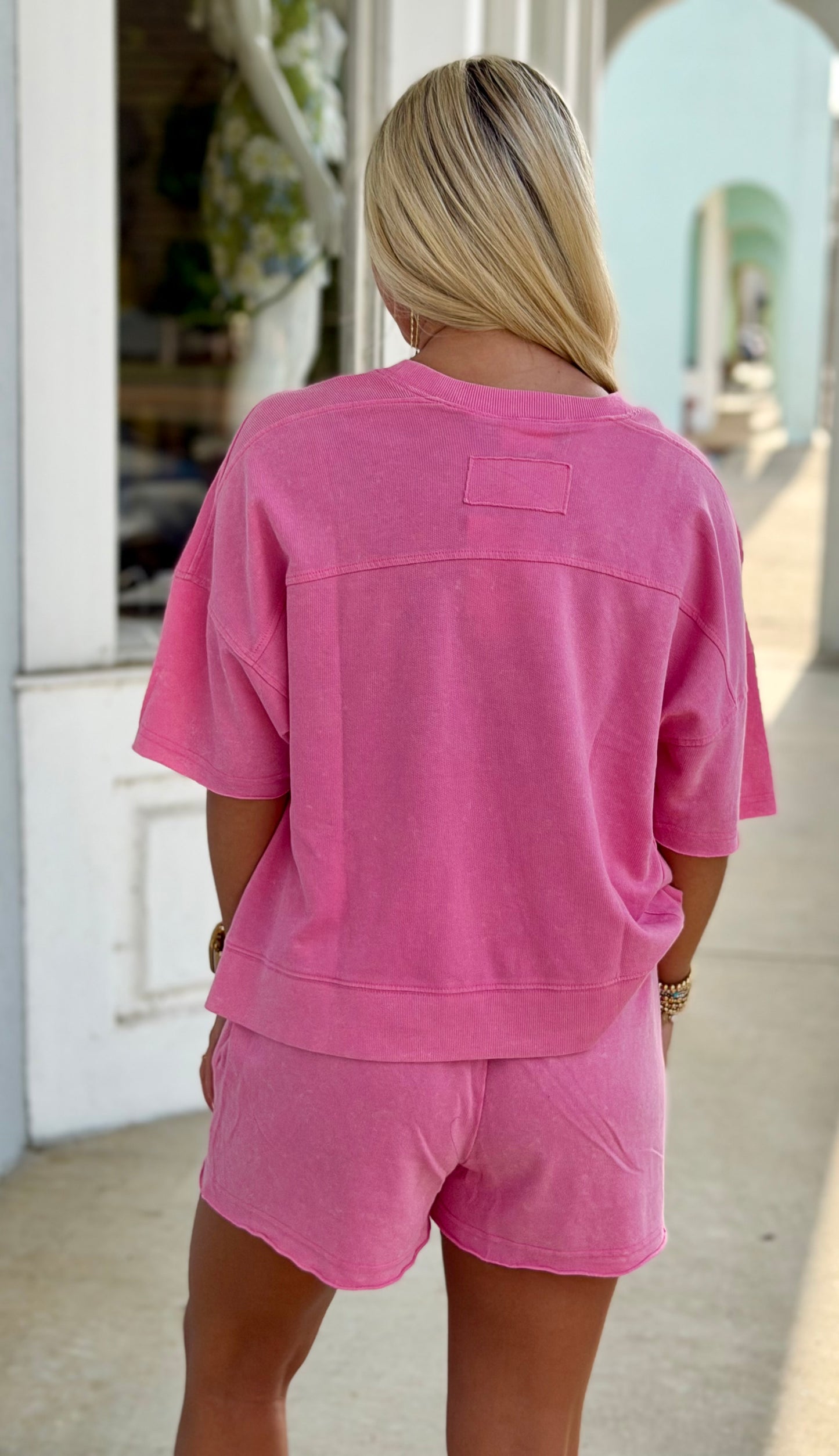 Mineral Washed Knit Casual Top & Shorts , Pink