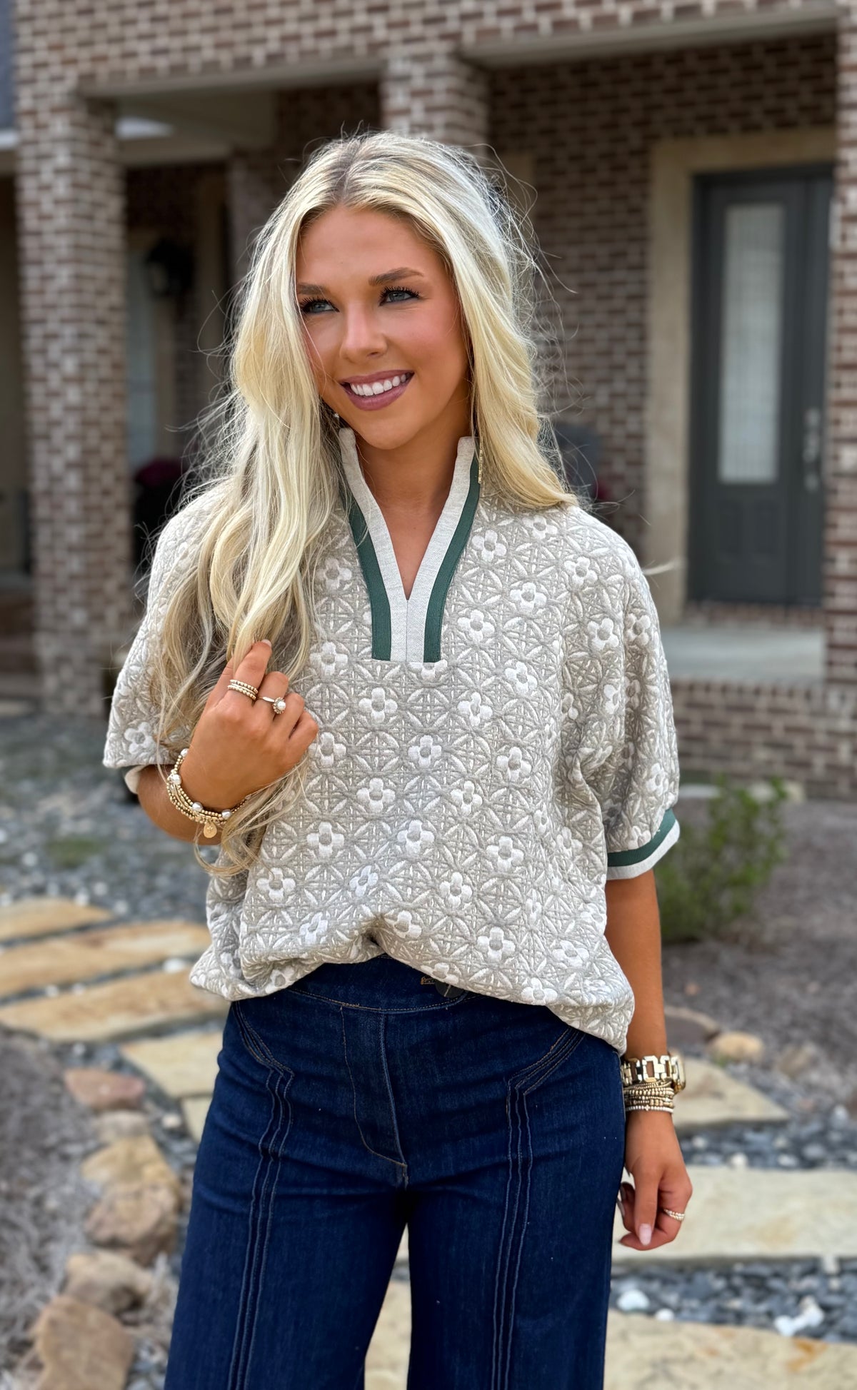 Taupe Jacquard Floral Contrast Trim Top