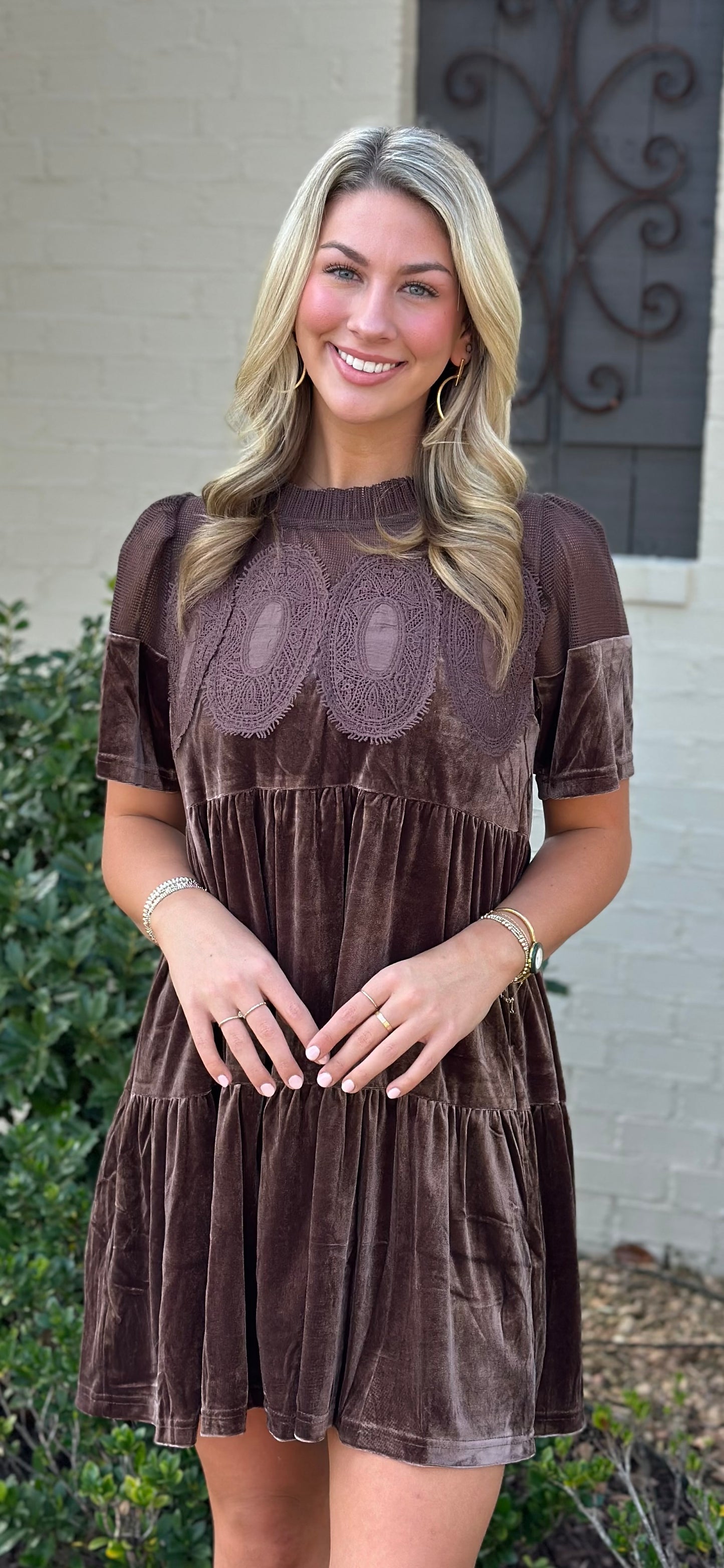 Contrast Sheer Mesh Panel with Lace Dress, Brown