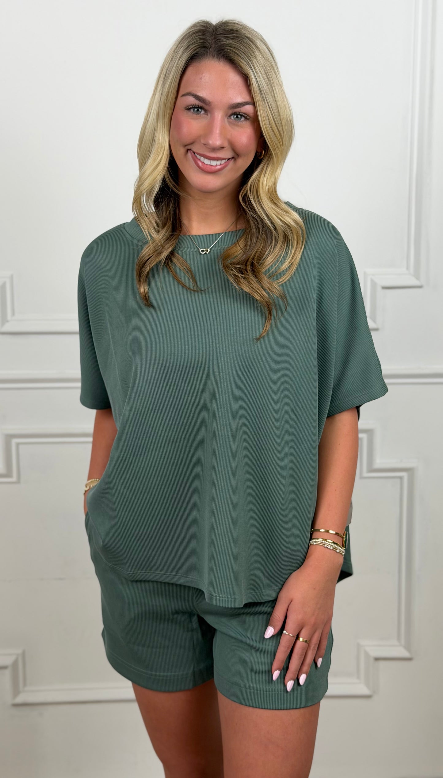 Luxe Sand Wash Rib Dolman Top, Eldergreen