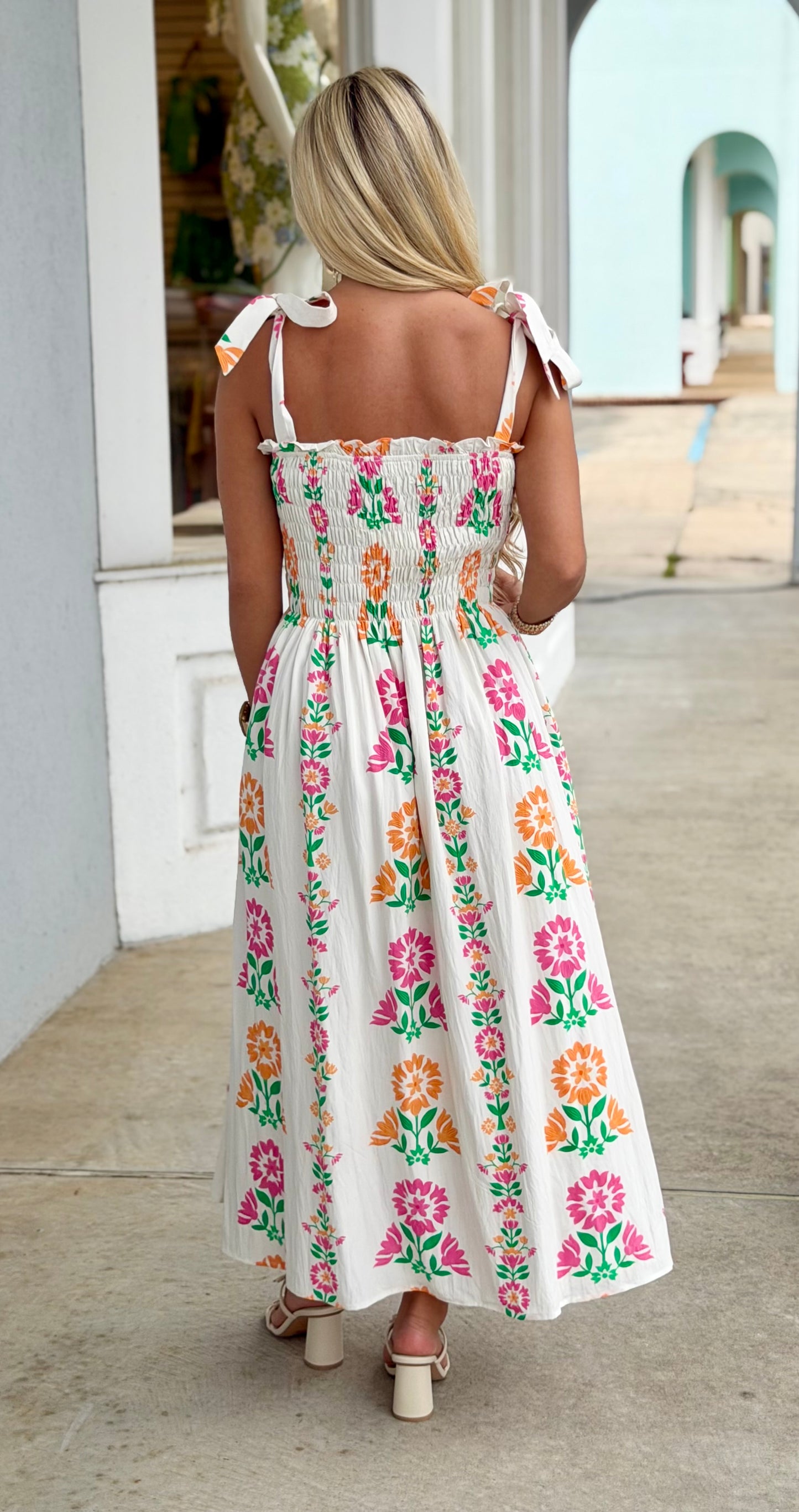 Tie Strap Floral Print Smocked Bodice Midi Dress
