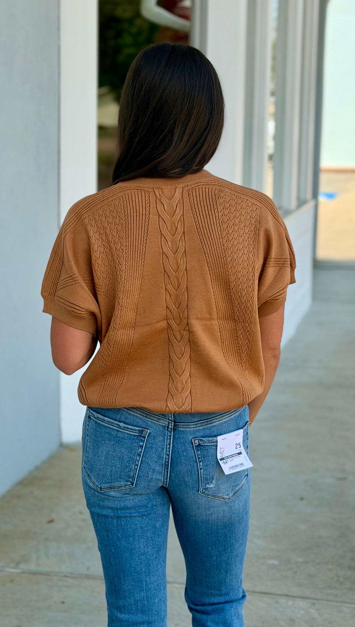 Camel Mixed Knit Short Sleeve Sweater