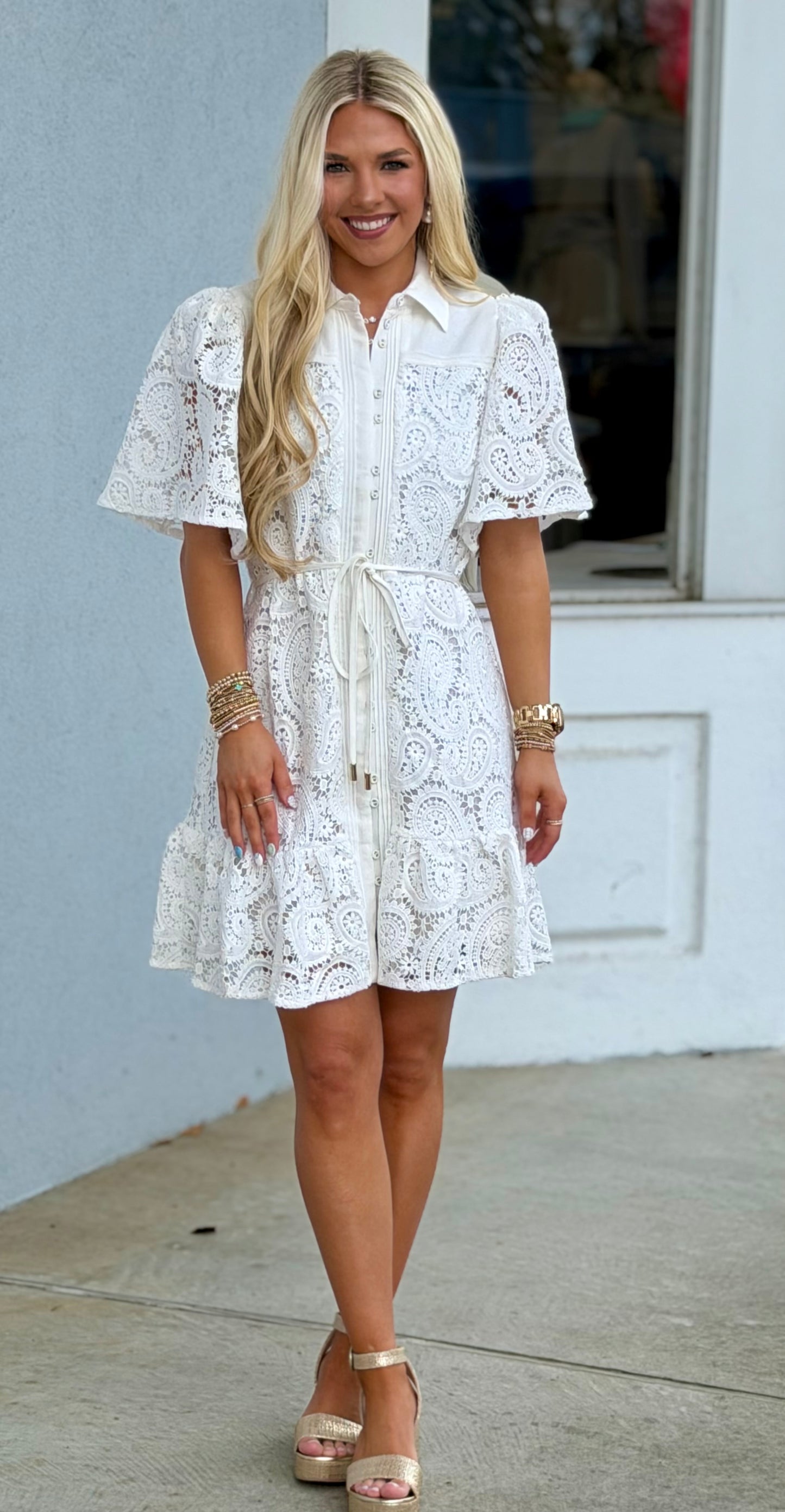 Off White Lace Collared Mini Dress