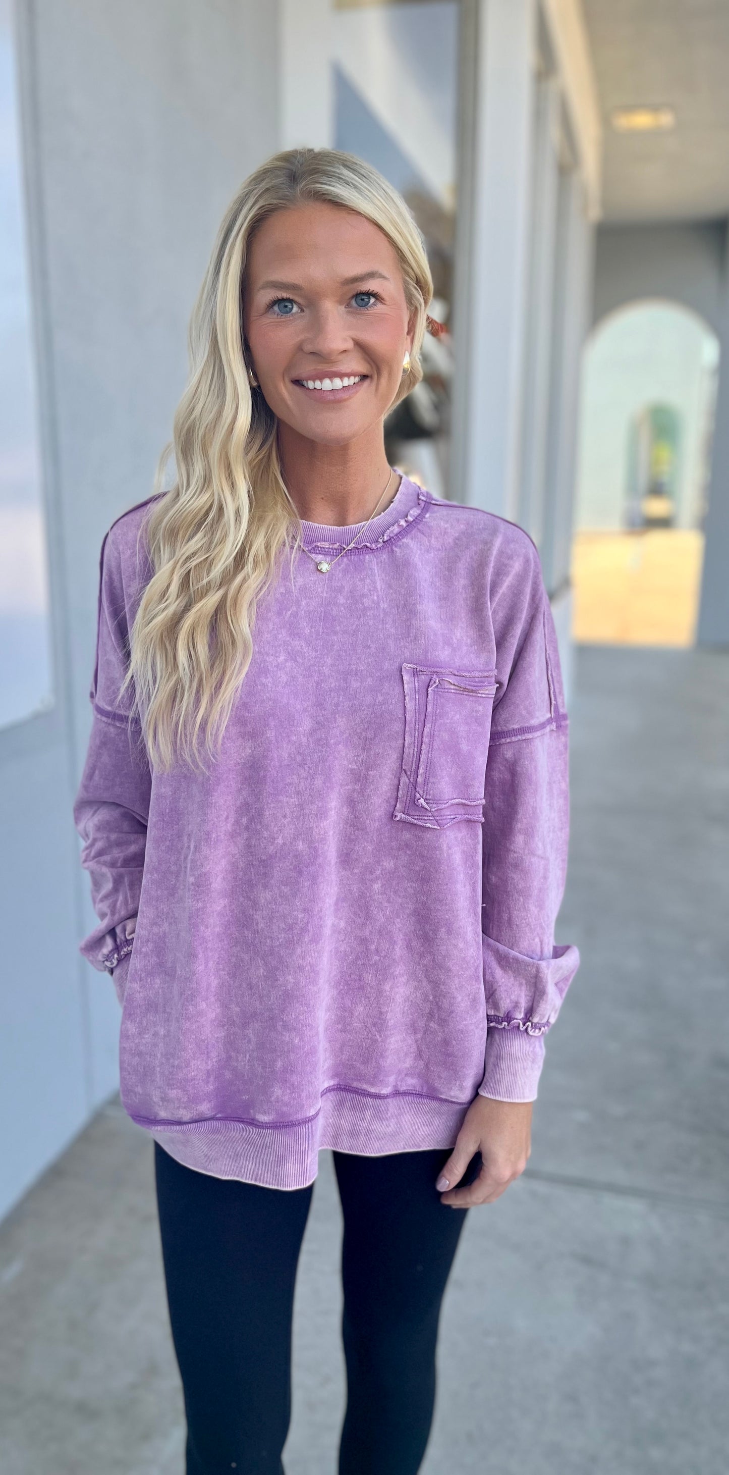 French Terry Acid Wash Front Pocket Pullover, B Violet