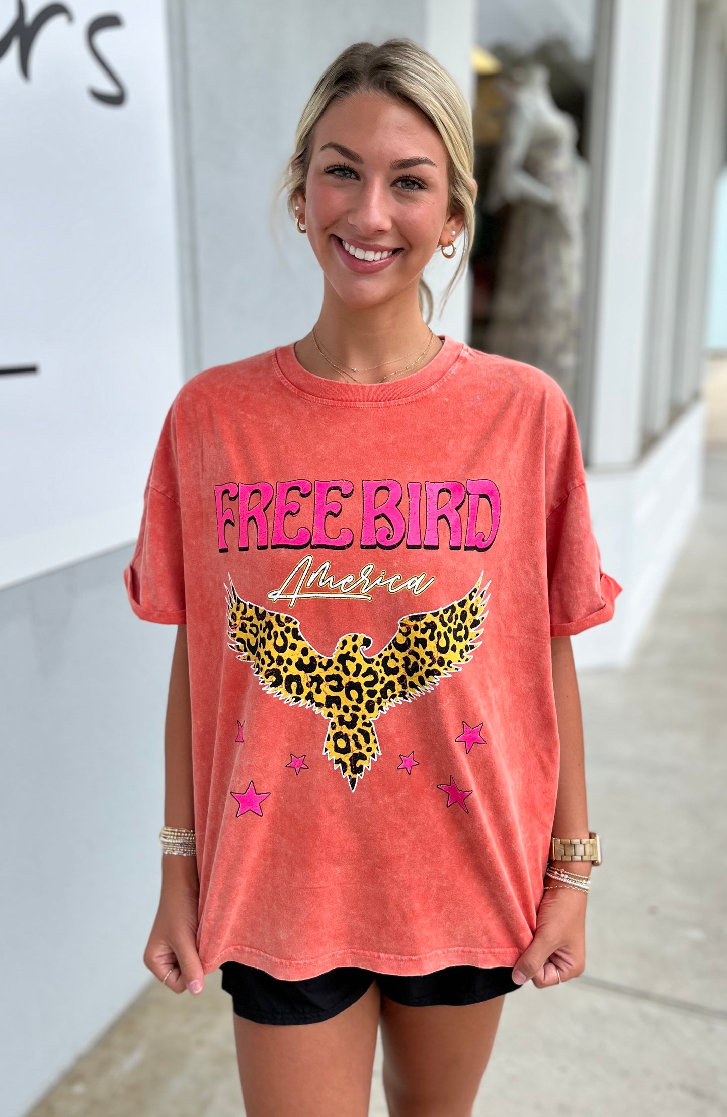Leopard Free Bird America Graphic Tee , Orange