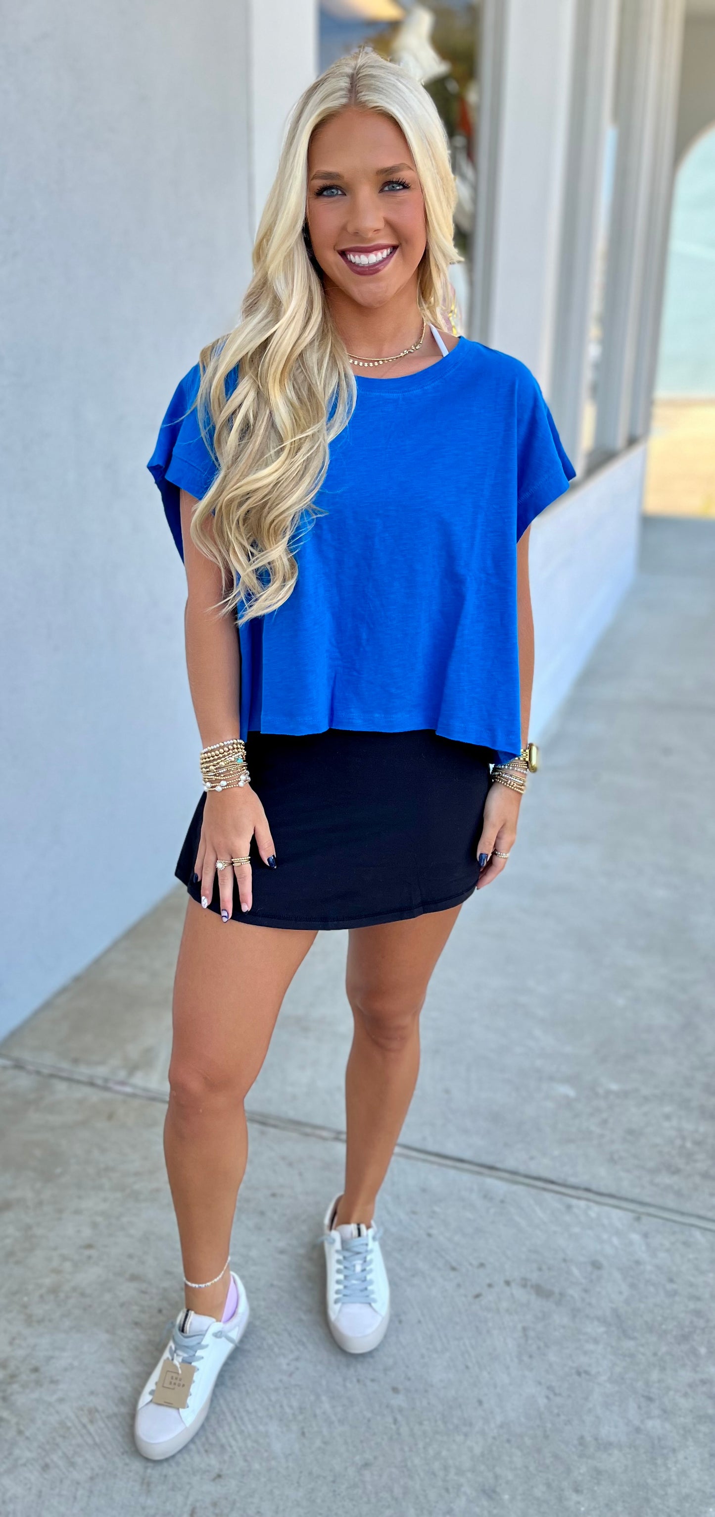 Ocean Blue Cotton Open Back Tee