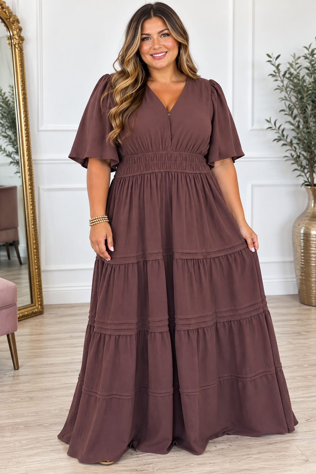 Plus Dark Brown Tiered Maxi Dress