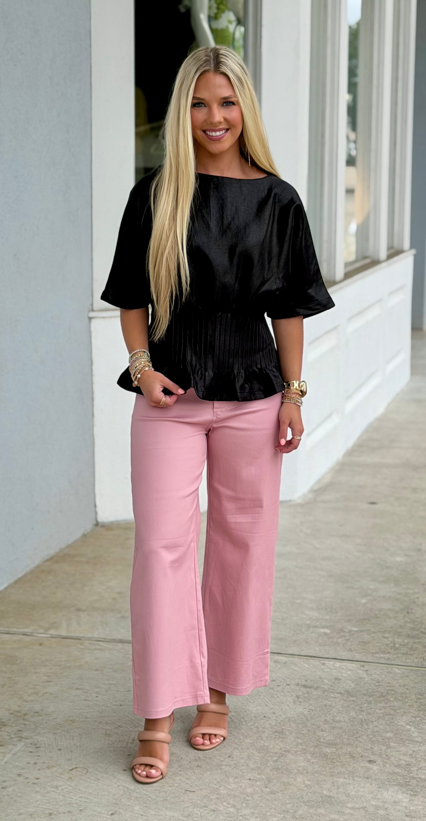 Boat Neck Pleated Top, Black