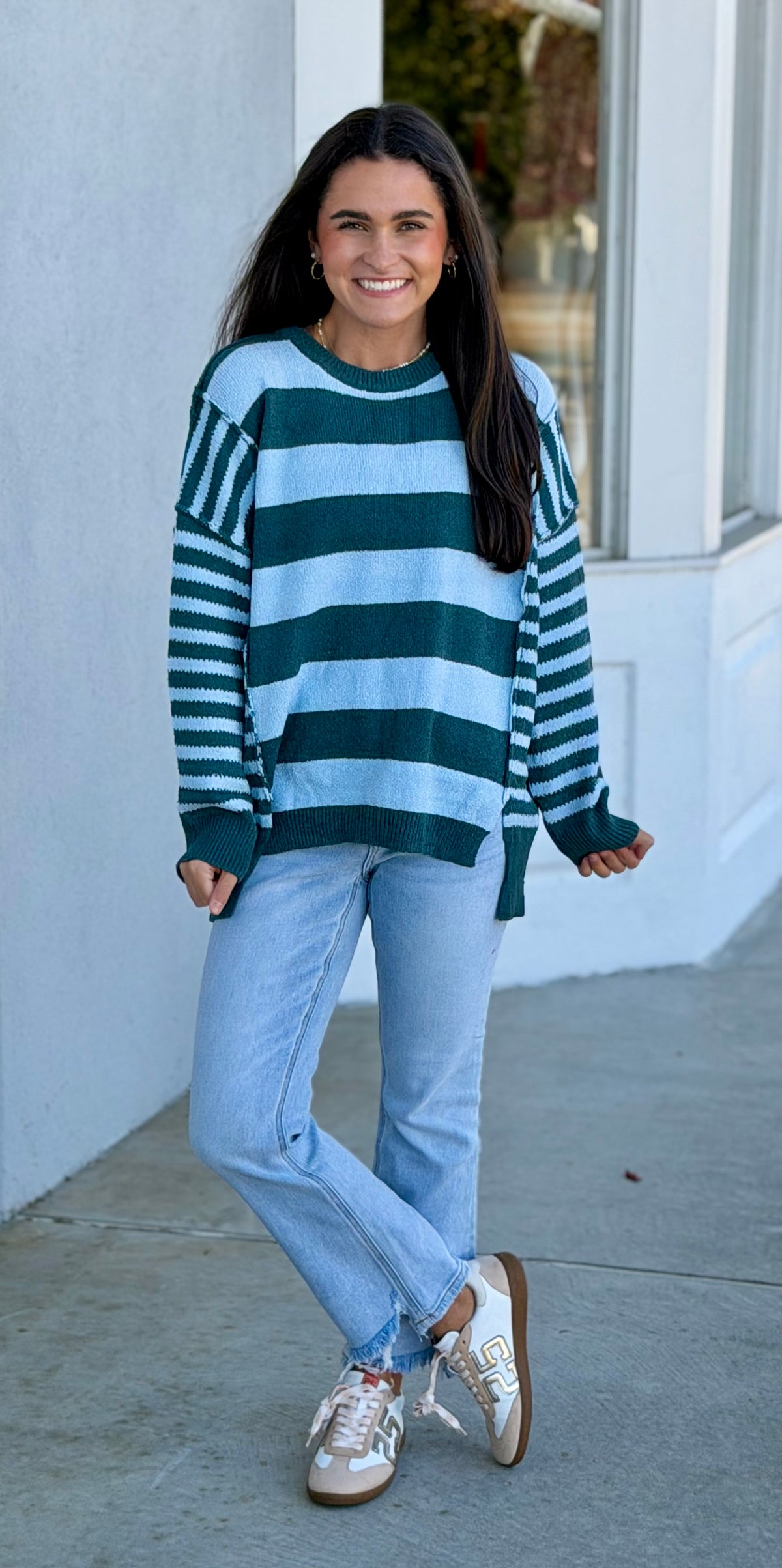 Teal Stripe Knit Seam Sweater