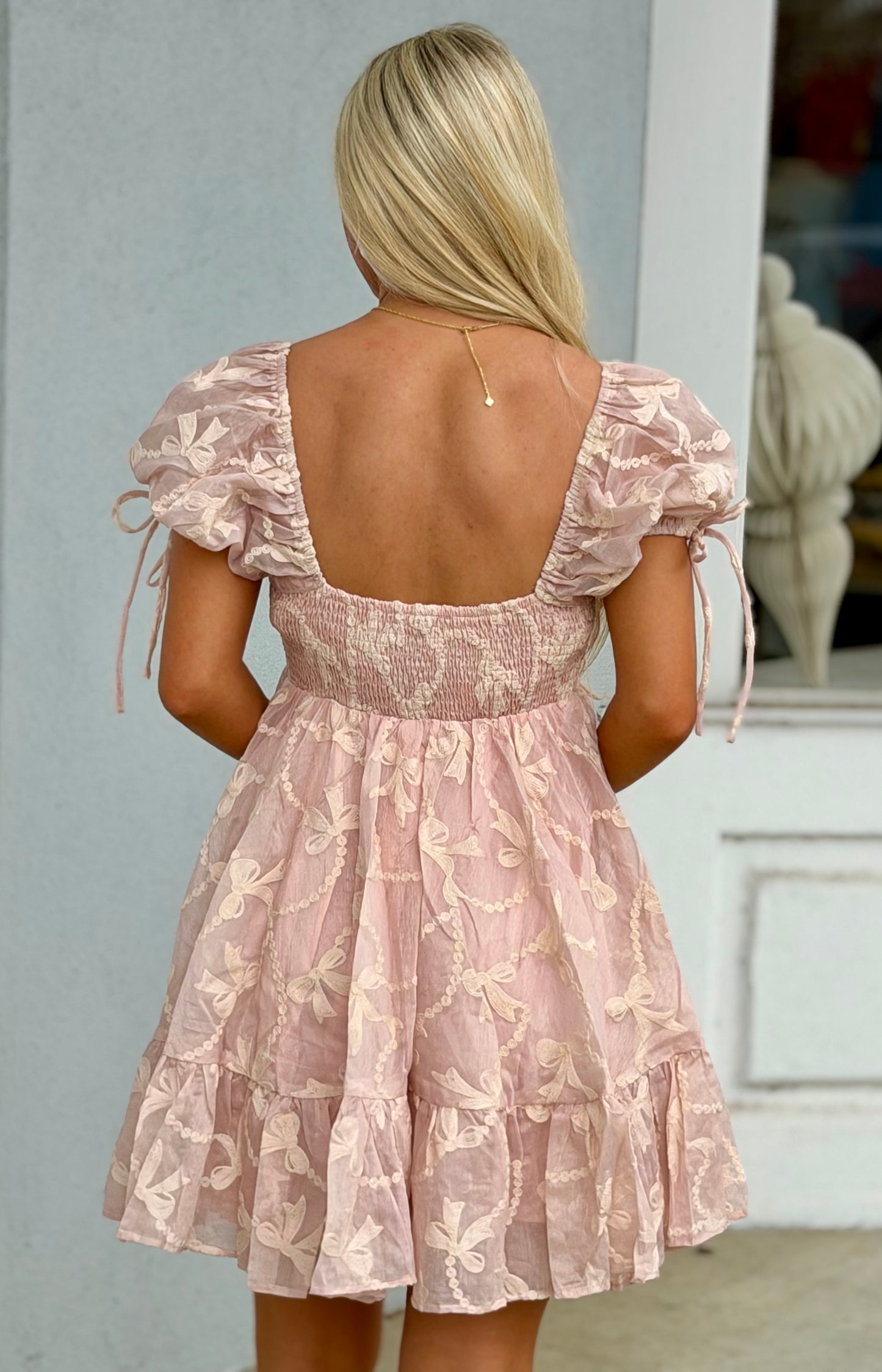 Pink Bow Embroidered Sweetheart Neckline Dress