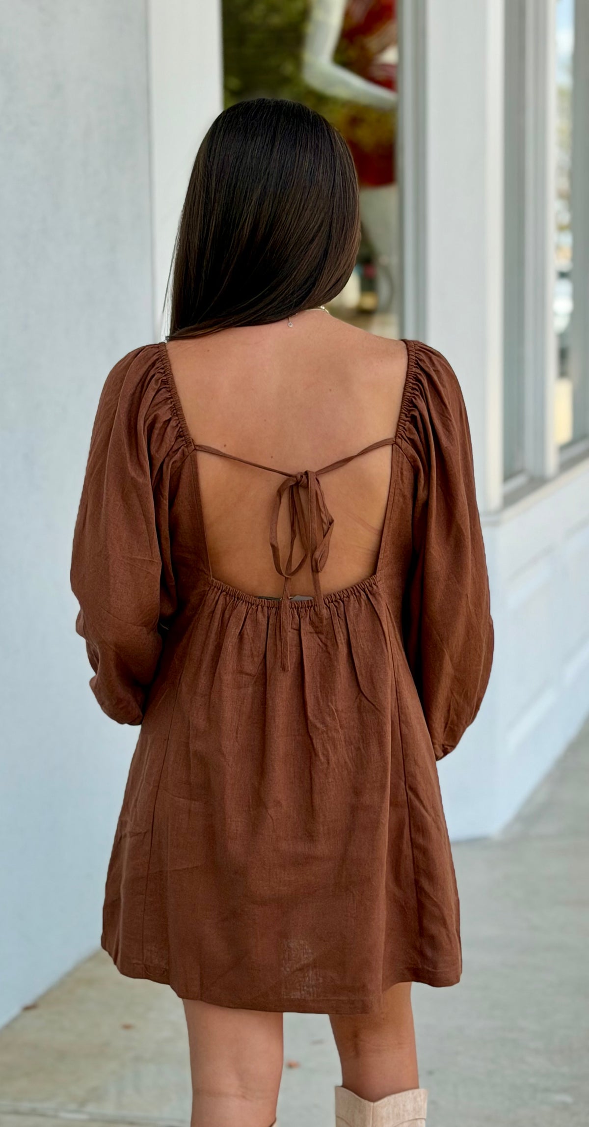 Brown Open Back Puff Sleeve Mini Dress