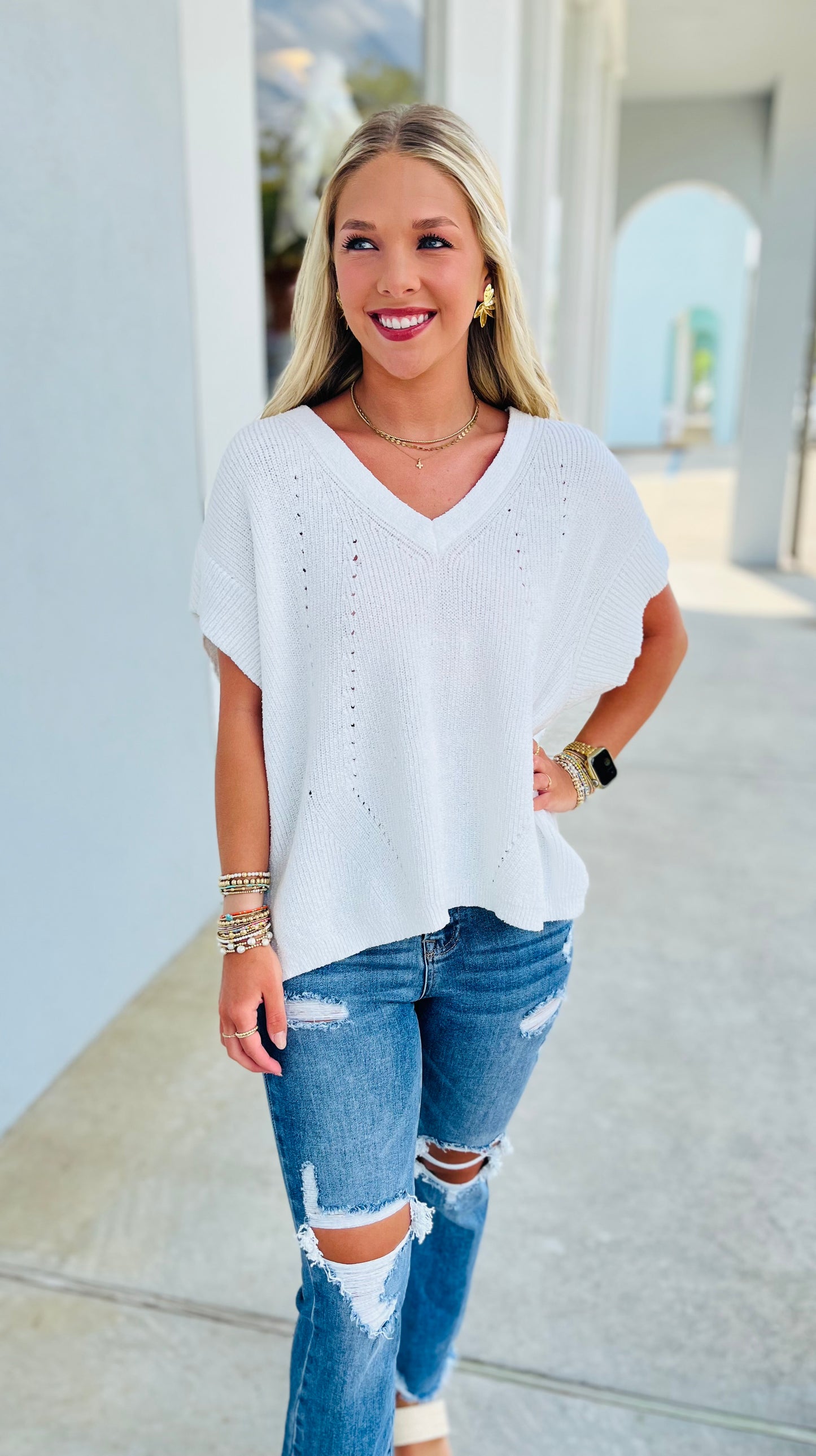 V-Neck Lightweight Sweater with Side Slit, Off White