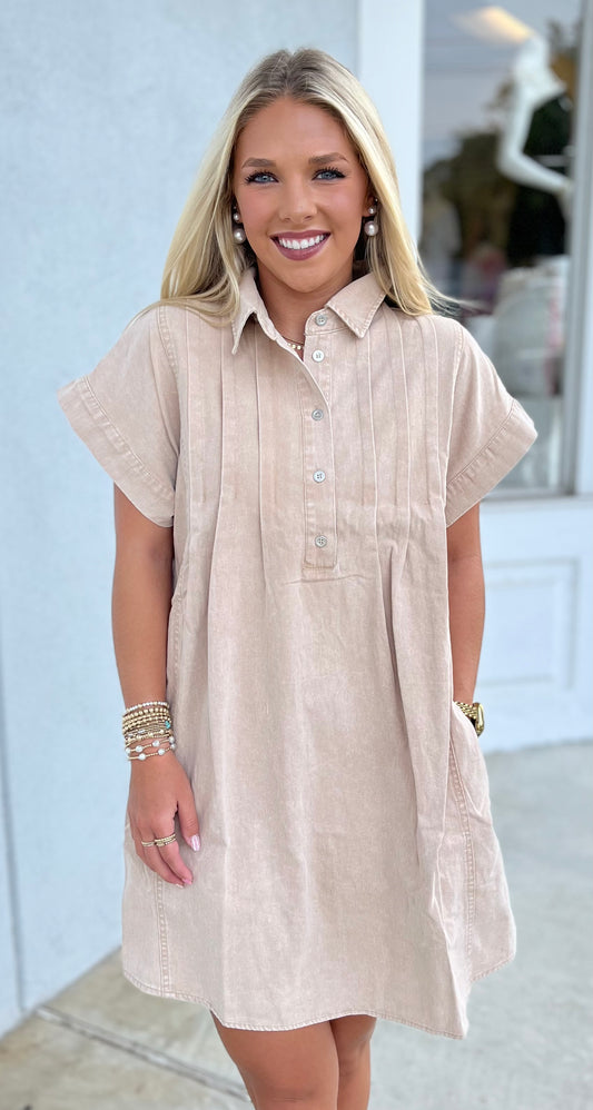 Ash Taupe Cotton Twill Mini Dress