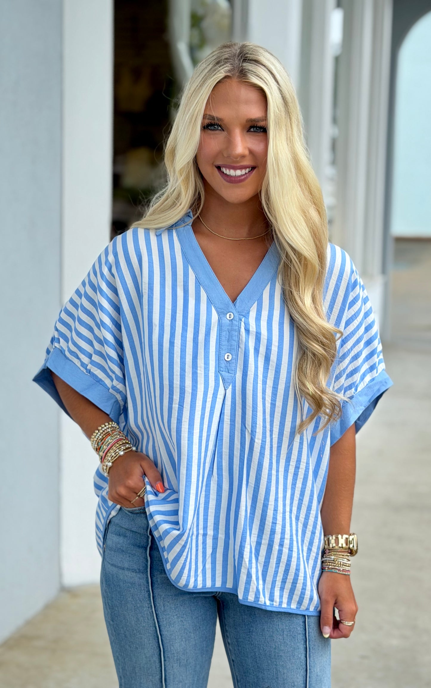 Lt Blue Stripe Collared Top