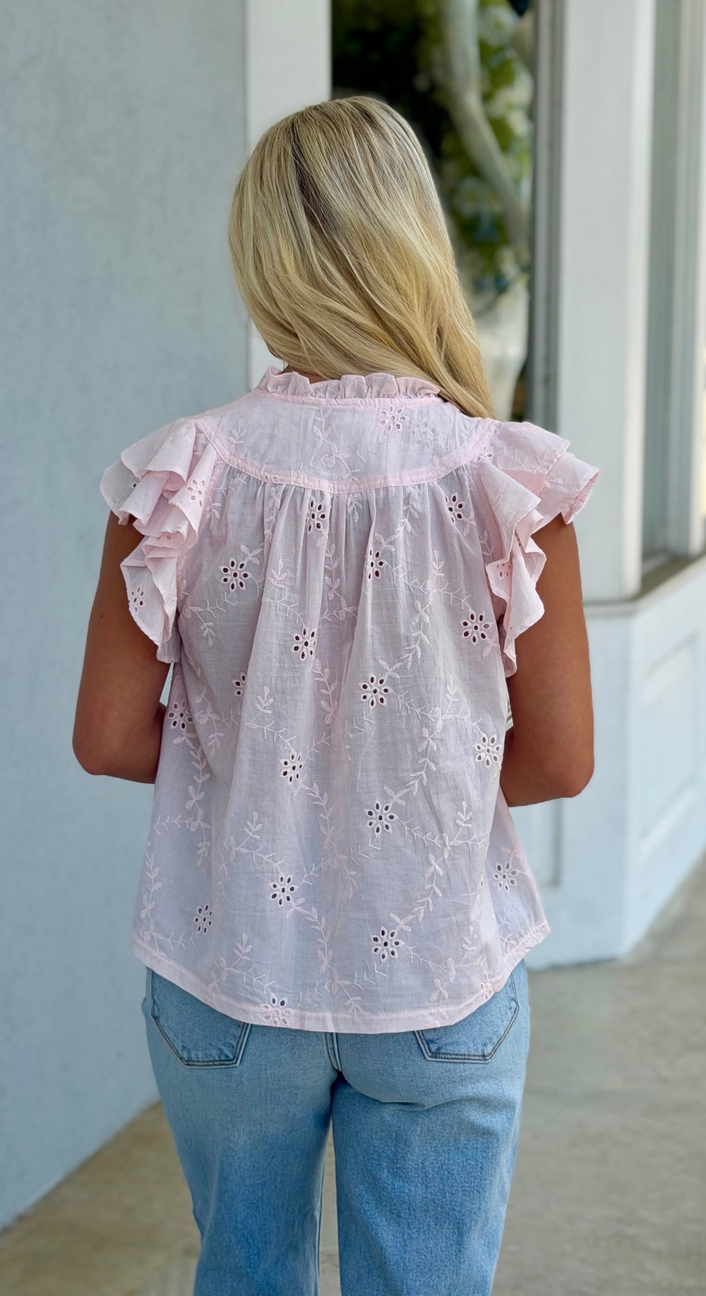 Eyelet Ruffle Sleeve Baby Pink Blouse