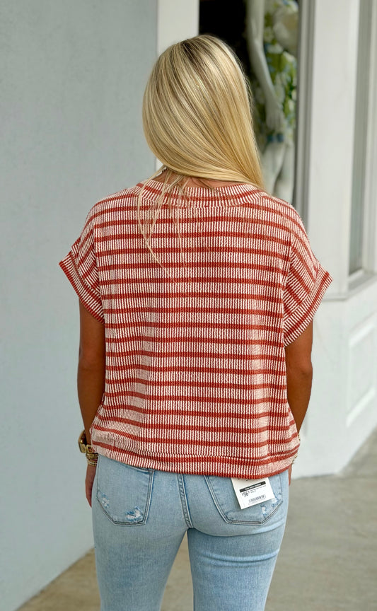 Raised Rib Stripe Top Burnt Orange