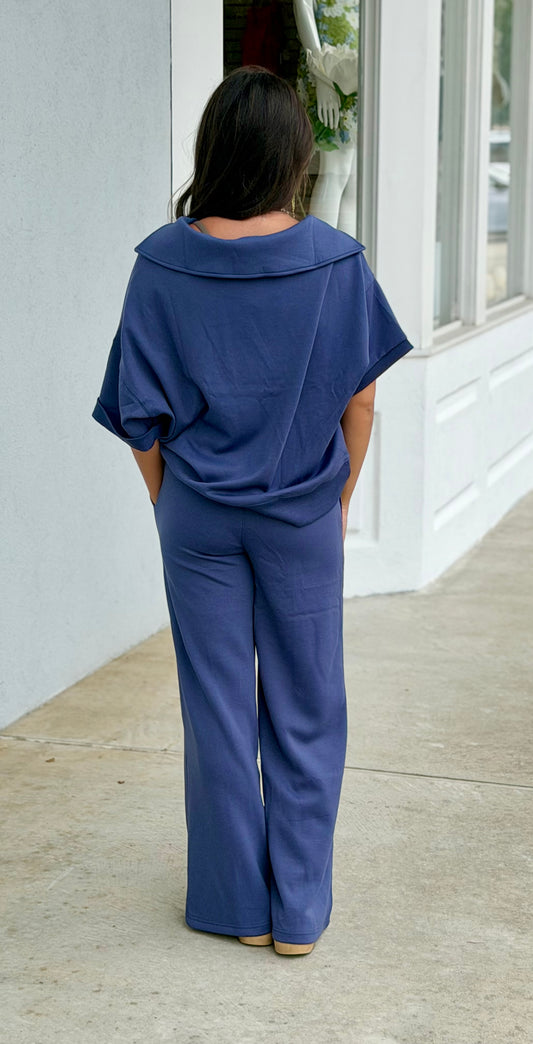 Scuba Collared Short Sleeve Top & Pants SET, Blue Indigo