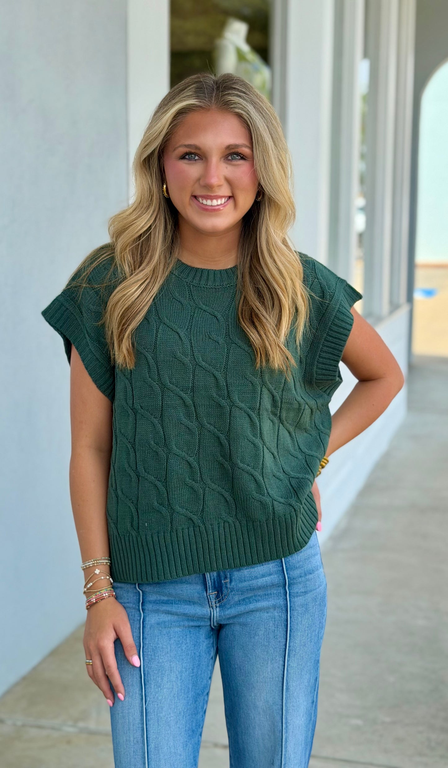 Cable Knit Cap Sleeve Sweater Top, Dark Green