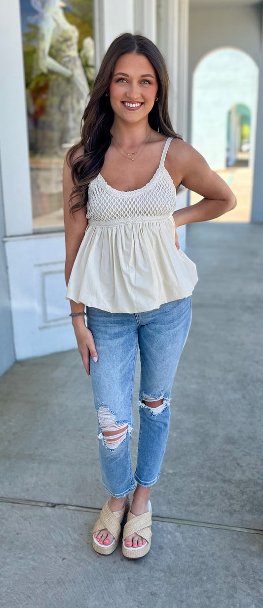 Oatmeal Bubble Hem Crochet Tank