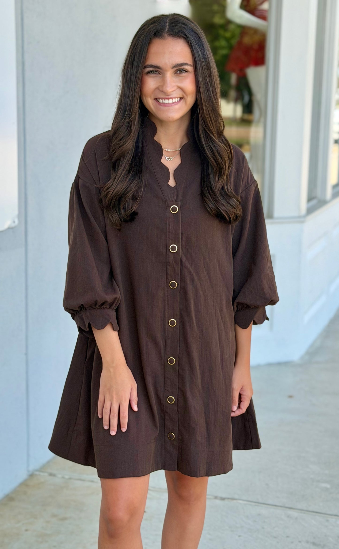 Brown Scalloped Hem Gold Button Dress