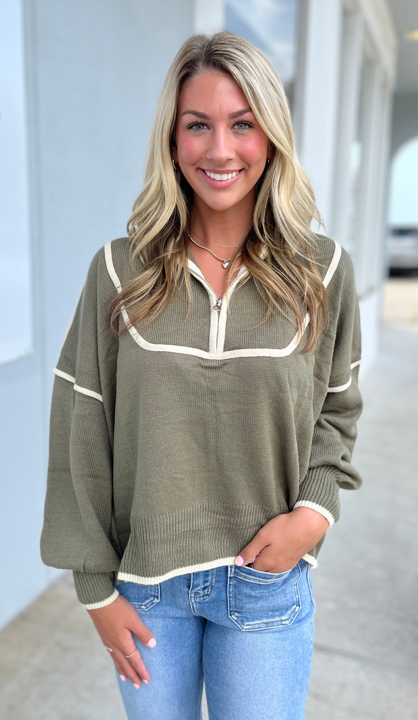 Olive Contrast Binding Half Zip Sweater
