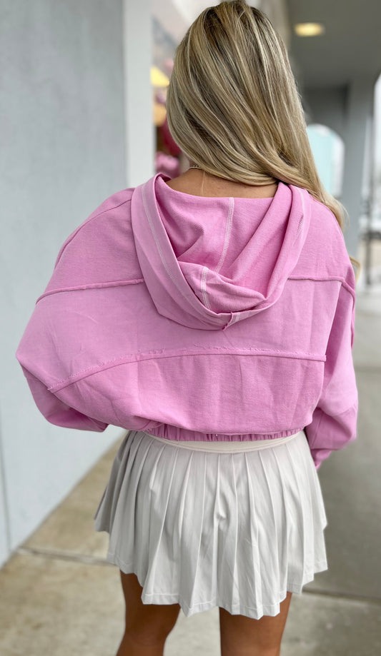 Pink French Terry Cut Edge Hooded Sweatshirt