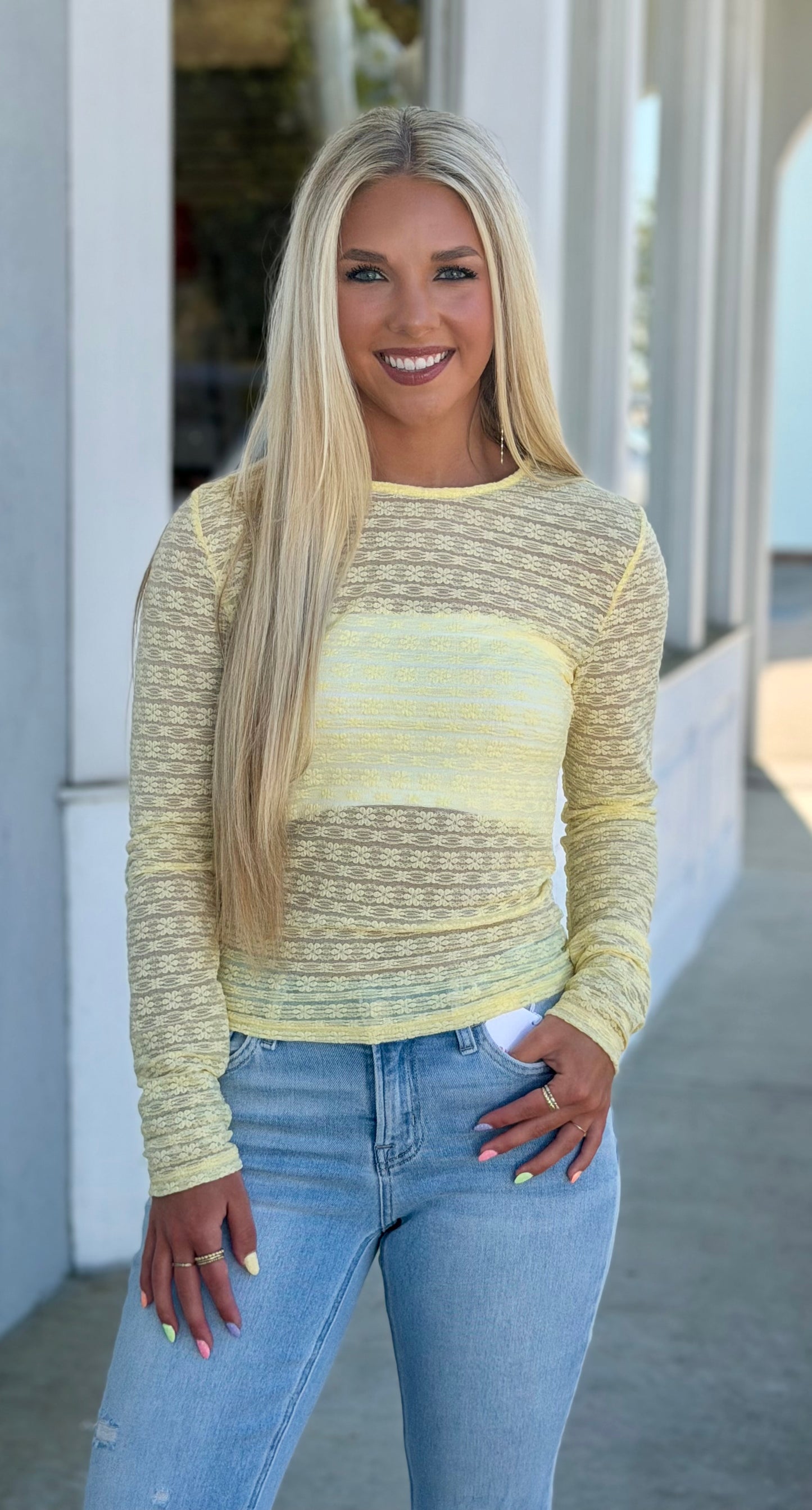 Lace Long Sleeve Top, Yellow