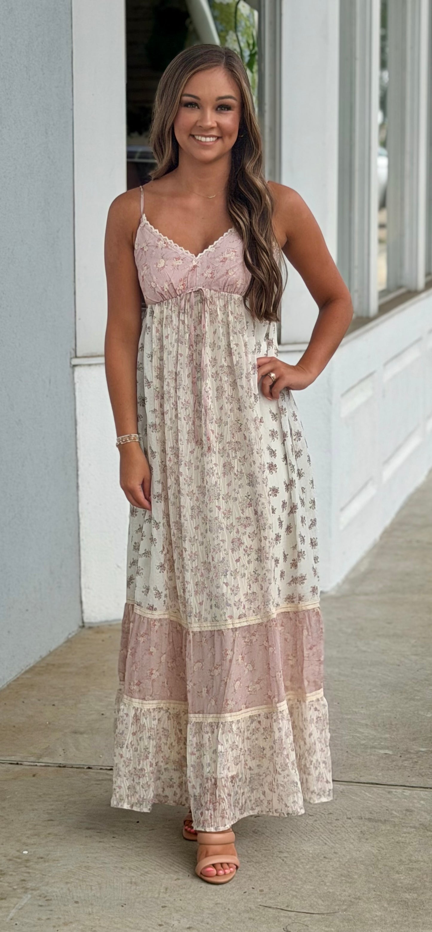 Vintage Pink Mixed Media Maxi Dress