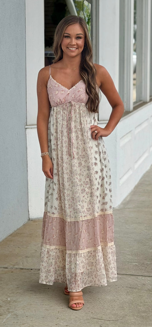 Vintage Pink Mixed Media Maxi Dress