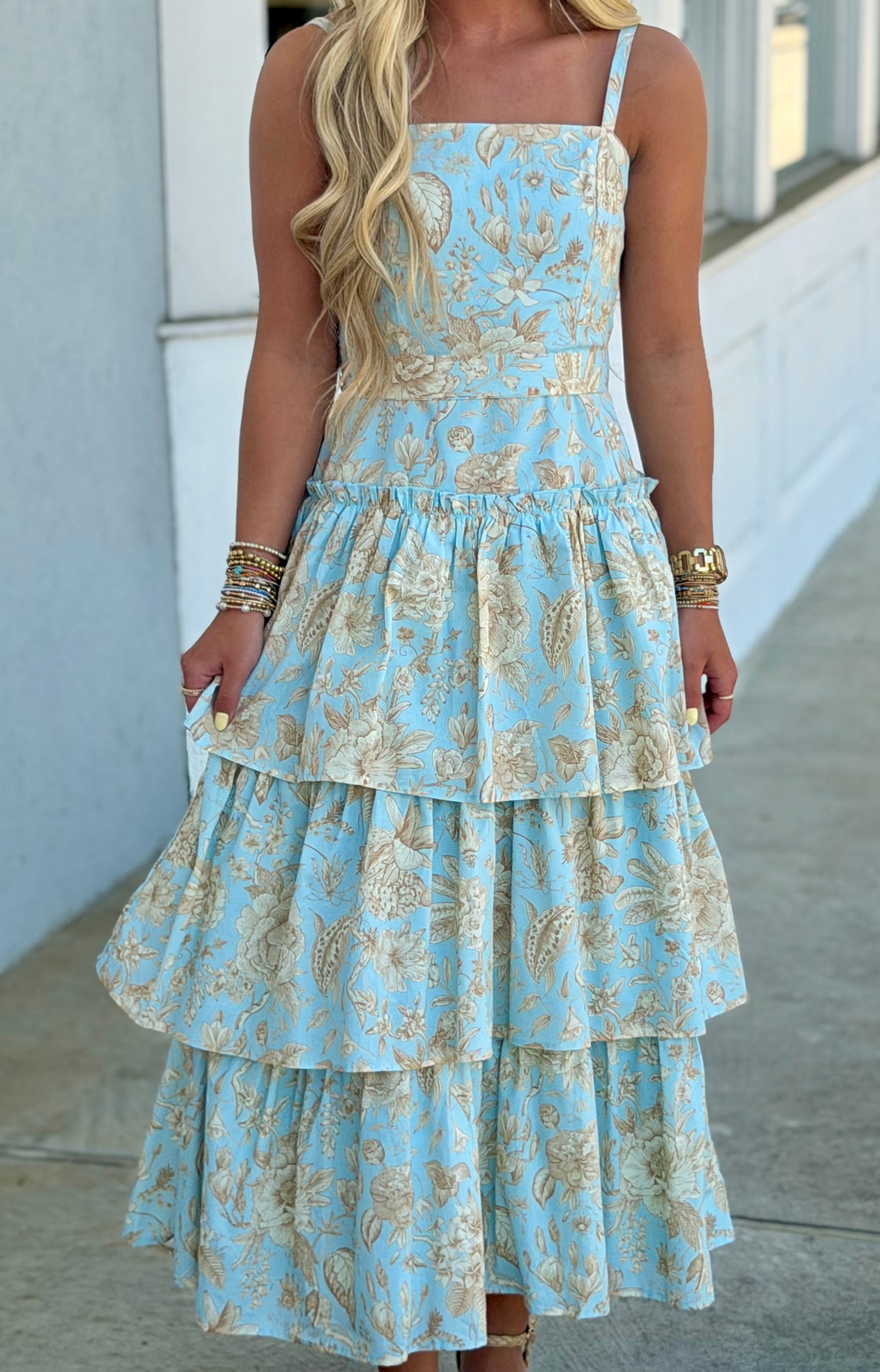 Floral Print Square Neck Tiered Ruffle Midi Dress